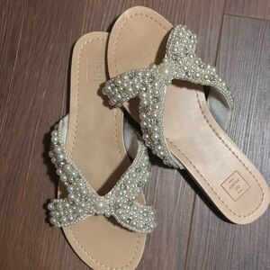 David's Bridal Cream Sandals with Crystal Embellishments